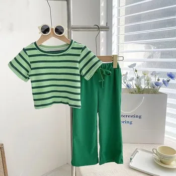 Хлопчатобумажная одежда для маленьких девочек, летние футболки с короткими рукавами и широкие брюки, комплект одежды в полоску, Детский топ и брюки, костюм для отдыха