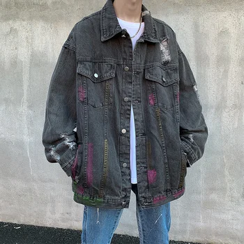 Джинсовая куртка с граффити, Мужские Модные винтажные джинсовые куртки с дырками, мужская Уличная одежда в стиле Хип-хоп, Свободная куртка-бомбер, Мужское джинсовое пальто M-2XL