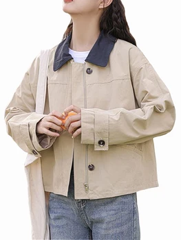 Повседневные короткие куртки, пальто для женщин, Осенняя женская куртка с отложным воротником и пуговицами, Свободное женское базовое пальто