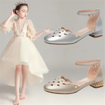 Кожаная обувь для девочек на высоком каблуке, Детская обувь принцессы, открытая детская обувь на среднем каблуке