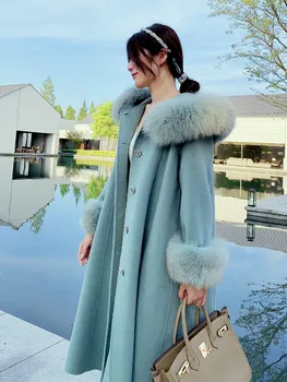 Модное Потрясающее Женское шерстяное пальто из натурального кашемира, роскошные пальто с капюшоном из натурального лисьего меха D041