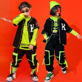 Дети Performance хип-хоп танцевальные костюмы топы уличная одежда Брюки-карго для девочек для мальчиков для джазовых танцев костюмы концертные наряды