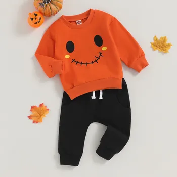 Комплекты брюк для новорожденных мальчиков, одежда из 2 предметов, Осенняя одежда, толстовка с длинными рукавами и эластичными штанами со смайликом, Детская одежда