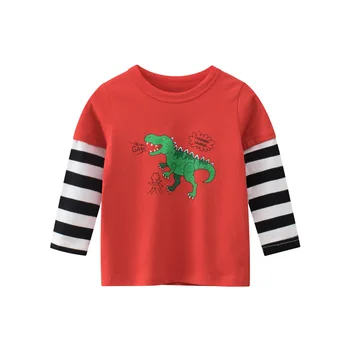 Весенне-Осенняя Новая Детская Модная Футболка с двумя Динозаврами в полоску для мальчиков, хлопковая Футболка с длинными рукавами, детские топы, Тройник, Дропшиппинг