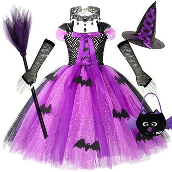 Новое Платье-пачка Ведьмы на Хэллоуин для Девочек, Сетчатые Костюмы Косплея Волшебника-Летучей Мыши Ручной Работы со Шляпой-Метлой, Комплект Одежды для Вечеринок для Малышей