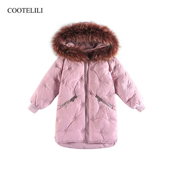 COOTELILI/ Парки с хлопковой подкладкой, теплое пальто для девочек, Верхняя одежда с капюшоном, Детские зимние парки из меха енота, куртка для девочек