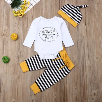 Pudcoco, Одежда для новорожденных мальчиков, Хлопковый комбинезон с буквенным принтом, топы, полосатые Длинные брюки, шляпа, 3 шт., одежда 0-18 м