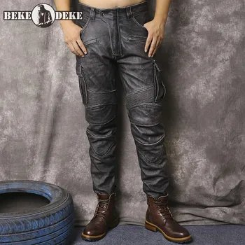 Винтажные мотобайкерские брюки из натуральной кожи, мужские Брюки-карго с множеством карманов, высококачественные зимние повседневные прямые брюки из воловьей кожи