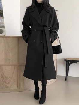 Женское шерстяное пальто 2022, Новое хлопковое длинное кашемировое шерстяное пальто с черной застежкой, Бесплатная доставка