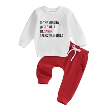 Комплект штанов для маленьких мальчиков, толстовка с круглым вырезом и буквенным принтом, спортивные штаны с эластичной талией, Рождественская одежда