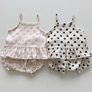 Летняя Детская одежда, Комплект одежды для новорожденных девочек, Хлопковая футболка без рукавов с принтом + Шорты, Костюм для новорожденных девочек