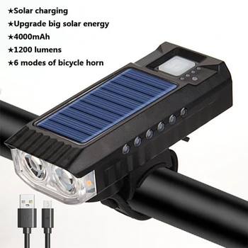 1200 Люмен, Велосипедный солнечный светодиодный светильник, Батарея 4000 мАч, USB Перезаряжаемая Передняя лампа для шоссейного велосипеда, IPX4, фонарик, фара с клаксоном