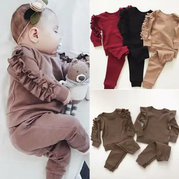 Толстовка с оборками для новорожденных мальчиков и девочек, штаны, однотонная осенняя одежда для младенцев с длинными рукавами, 3 цвета