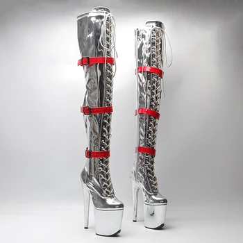 Leecabe 20 см/8 дюймов, серебристые с красным лаком, модные ботинки для танцев на шесте на платформе с высоким каблуком