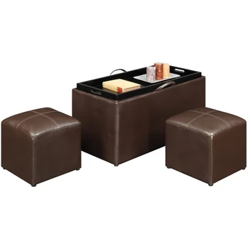 Дизайн4комфортная Скамья для хранения из искусственной кожи с 2 боковыми пуфиками, коричневая