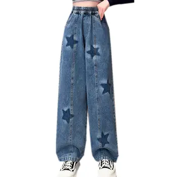 Детские широкие джинсы Весна 2023, Геометрический узор, Модные подростковые школьные детские брюки, Повседневные Свободные прямые брюки для девочек