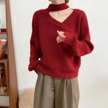 Весенне-осенний Новый Свитер с V-образным вырезом на бретелях, Женский короткий вязаный пуловер с вырезами
