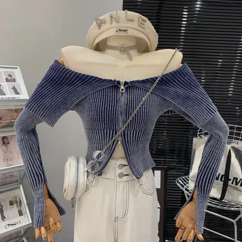Приталенный женский осенний дизайн с отворотом и открытыми плечами, сексуальный темпераментный тонкий кардиган на молнии, винтажный свитер, топ