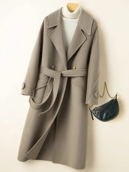 Осенне-зимнее новое однотонное пальто из 100% чистой шерсти, двустороннее шерстяное пальто средней длины, нежный высококачественный костюм, шерстяное пальто
