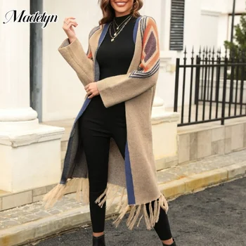 Модный вязаный кардиган с длинными кисточками, Женский свитер в европейском стиле, пальто, Осень-зима, теплые кардиганы с геометрическим рисунком, длинными рукавами