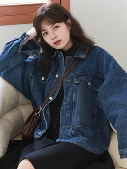 Куртки Женские однотонные Модные Ретро Простые джинсовые универсальные в корейском стиле, весенняя верхняя одежда Свободного кроя, повседневный стильный дизайн для студентов