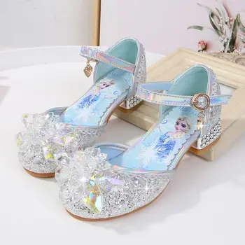 Босоножки на высоком каблуке для девочек; летняя новинка 2021 года; детская обувь принцессы; обувь большого размера; обувь для шоу; изысканная красота замороженной Эльзы