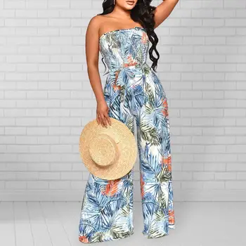 Женский комбинезон-бандо с цветочным принтом, Стильный наряд для отдыха, широкие штанины, дизайн без спинки, высокая талия для пляжа