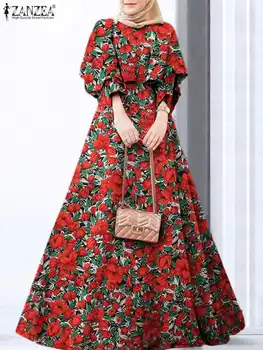Модный мусульманский сарафан ZANZEA, Весенний халат с цветочным принтом, Повседневное платье Макси с круглым вырезом и длинным рукавом, Винтажные вечерние платья Большого размера