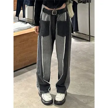 Deeptown Harajuku, Винтажные джинсы-карго, Женские черные Джинсовые брюки в стиле пэчворк, Готический Гранж, модные корейские брюки Оверсайз