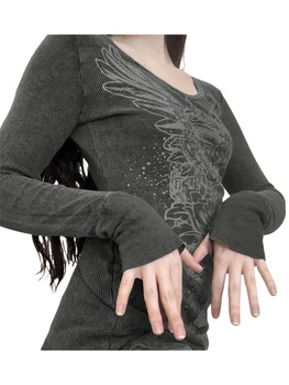 Женская футболка с круглым вырезом и длинными рукавами в винтажном стиле с цветочным принтом - приталенный повседневный топ на каждый день для дам