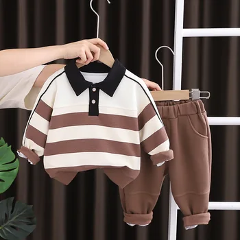 Весенне-осенняя одежда для маленьких мальчиков от 1 до 5 лет, повседневные полосатые футболки с отложным воротником и длинными рукавами и штаны, одежда для маленьких мальчиков