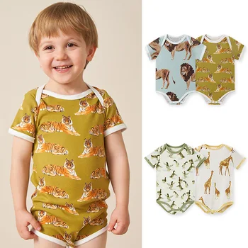 Одежда для малышей 0-12 месяцев, Летний комбинезон с короткими рукавами и животным принтом для мальчиков и девочек, Милый комбинезон для новорожденных, хлопковый цельный облегающий костюм