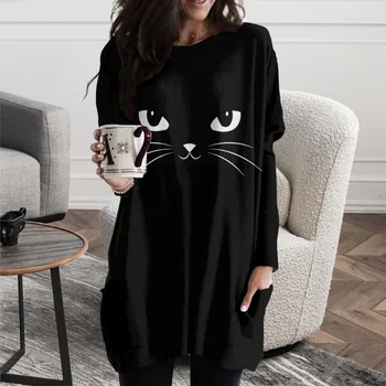 Осень-Зима 2023, Новая Длинная Толстовка без капюшона с 3D Принтом, топ с рисунком Черной кошки на Хэллоуин, Корейская одежда в стиле Харадзюку Y2K в готическом стиле