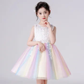 Милые платья с цветочным узором для девочек на свадьбу, тюлевые короткие вечерние платья принцессы, Детское праздничное роскошное платье на День рождения, синее детское