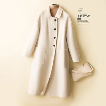 Женское шерстяное пальто средней длины, длиной выше колена, с кукольной шеей, свободное, из 100% чистой шерсти