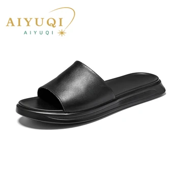 Мужские тапочки AIYUQI, лето 2023, новинка, мужские тапочки из натуральной кожи, модные вьетнамки, нескользящая пляжная обувь, мужские