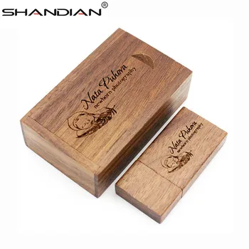 SHANDIAN Бесплатный пользовательский логотип Деревянный USB + коробка флэш-накопитель Memory stick 4 ГБ 8 ГБ 16 ГБ 32 ГБ 64 ГБ Флешка с логотипом для фотосъемки Свадьбы
