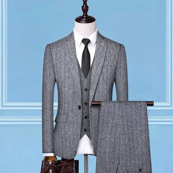 (Блейзер + Жилет + брюки) Новый модный Мужской строгий деловой костюм в полоску, комплект из 3 предметов, Мужские Высококачественные Свадебные повседневные брючные костюмы