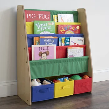 2023 Новый детский книжный шкаф с 4 полками и 3 ящиками для ткани, натуральное дерево/первичное