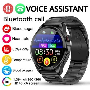 Здоровая Температура ЭКГ + PPG Bluetooth Голосовой помощник по Вызову Смарт-Часы Для Мужчин Частота сердечных сокращений Кислород в крови Неинвазивный Уровень глюкозы в крови