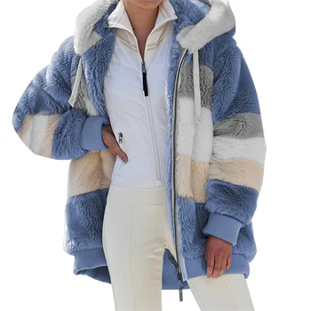 Зимняя женская куртка, Теплое плюшевое Повседневное Свободное пальто С капюшоном, Зимняя верхняя Одежда в стиле Пэчворк Из искусственного меха На молнии, Женская парка-пальто
