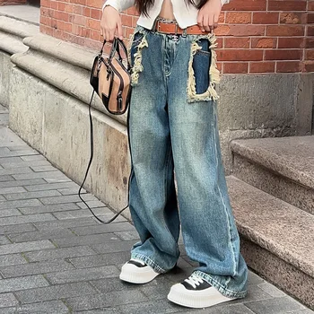 Детские джинсы, осенние модные свободные широкие брюки для девочек, повседневная универсальная уличная одежда, школьные брюки для подростков 10, 12, 13 лет