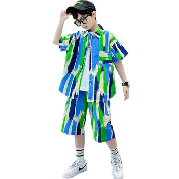 Летняя одежда для мальчиков, комплект детской одежды, Детская модная одежда, Корейская рубашка и короткие штаны, 2 предмета, одежда для подростков, костюмы