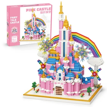 Креативные Сказочные строительные кирпичи, Микро-Алмазный блок, модель Розового Радужного замка, Нанобриксы, фигурки, коллекция игрушек для девочек