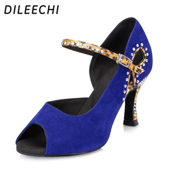 DILEECHI/ синие бархатные туфли для латинских танцев на высоком каблуке 7,5 см, туфли для бальных танцев, женские вечерние туфли для танцев на квадратной подошве со стразами