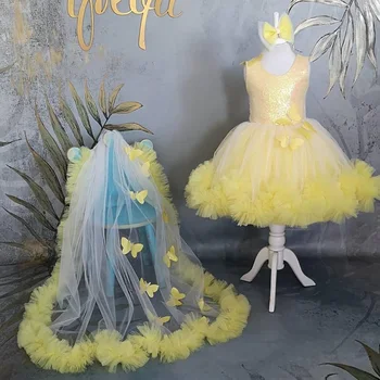 Блестящие Желтые Платья с пайетками для девочек, Трапециевидное Плиссированное Детское платье из Тюля с оборками, Прозрачная Сетка, 3D Аппликации в виде Бабочек, Съемный Шлейф