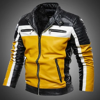 Мужская Желтая куртка из искусственной кожи, лоскутные байкерские куртки, Повседневное пальто на молнии, Мужская мотоциклетная куртка, Приталенная верхняя одежда на меховой подкладке, пальто