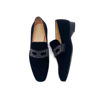 LOUBUTEN/ Мужская обувь из черного бархата в британском стиле, Маска Зорро, Лоферы со стразами, роскошные модельные туфли ручной работы, повседневная обувь без застежки