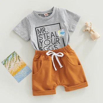 Модные Летние комплекты одежды для Новорожденных мальчиков, Пасхальные яйца, футболки с круглым вырезом и короткими рукавами с буквенным принтом + шорты, наряды