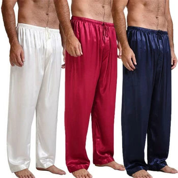 Модные Мужские пижамные штаны, Повседневная Свободная шелковая атласная пижама, Ночное белье, Пижамные лямки для рисования, Поясная лента, Ночные брюки